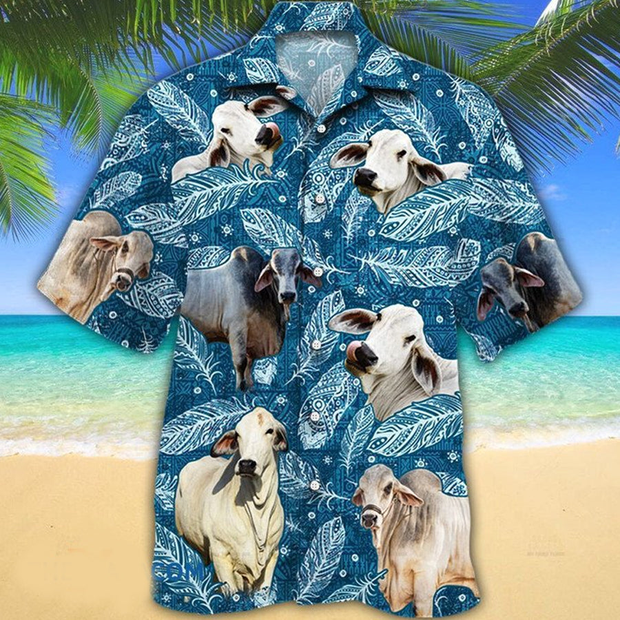Brahman Cattle Lovers Blue Feather Hawaii Hawaiian Shirt HO2238