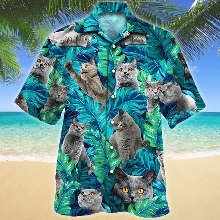 black cat caribbean palms British Shorthair Cat Lovers Gift, Cat Summer Beach Palm Tree Hawaiian Shirt HO1905