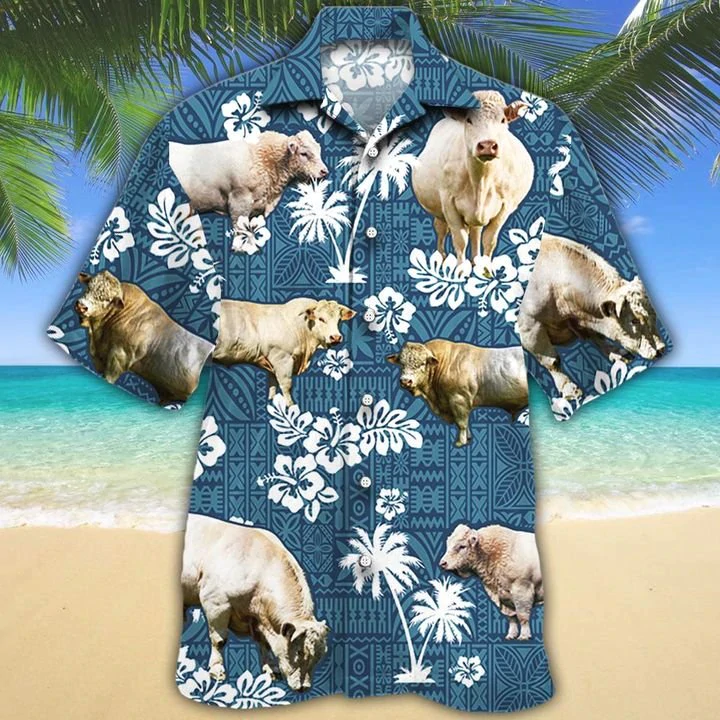 Charolais Cattle Lovers Blue Tribal Hawaiian Shirt, Charolais Hawaiian shirts, Charolais aloha shirt for men, Hawaii shirt woman HO2646