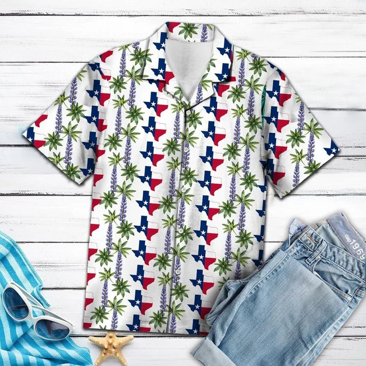Classic Map Of Texas Flag Bluebonnet And Leaves Pattern Hawaiian Shirt HO1795