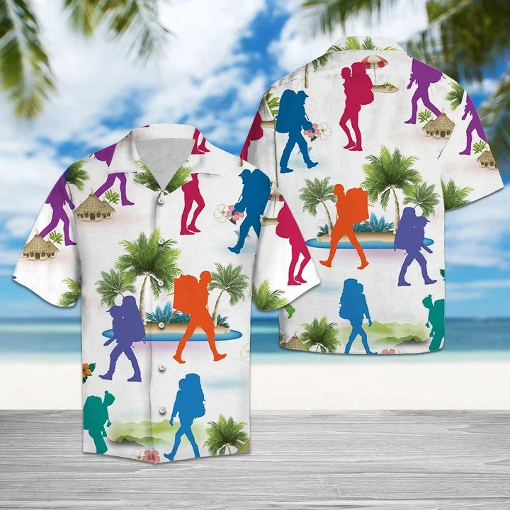 Colorful Hiking With Palm Trees Hawaiian Shirt for Men HO1853