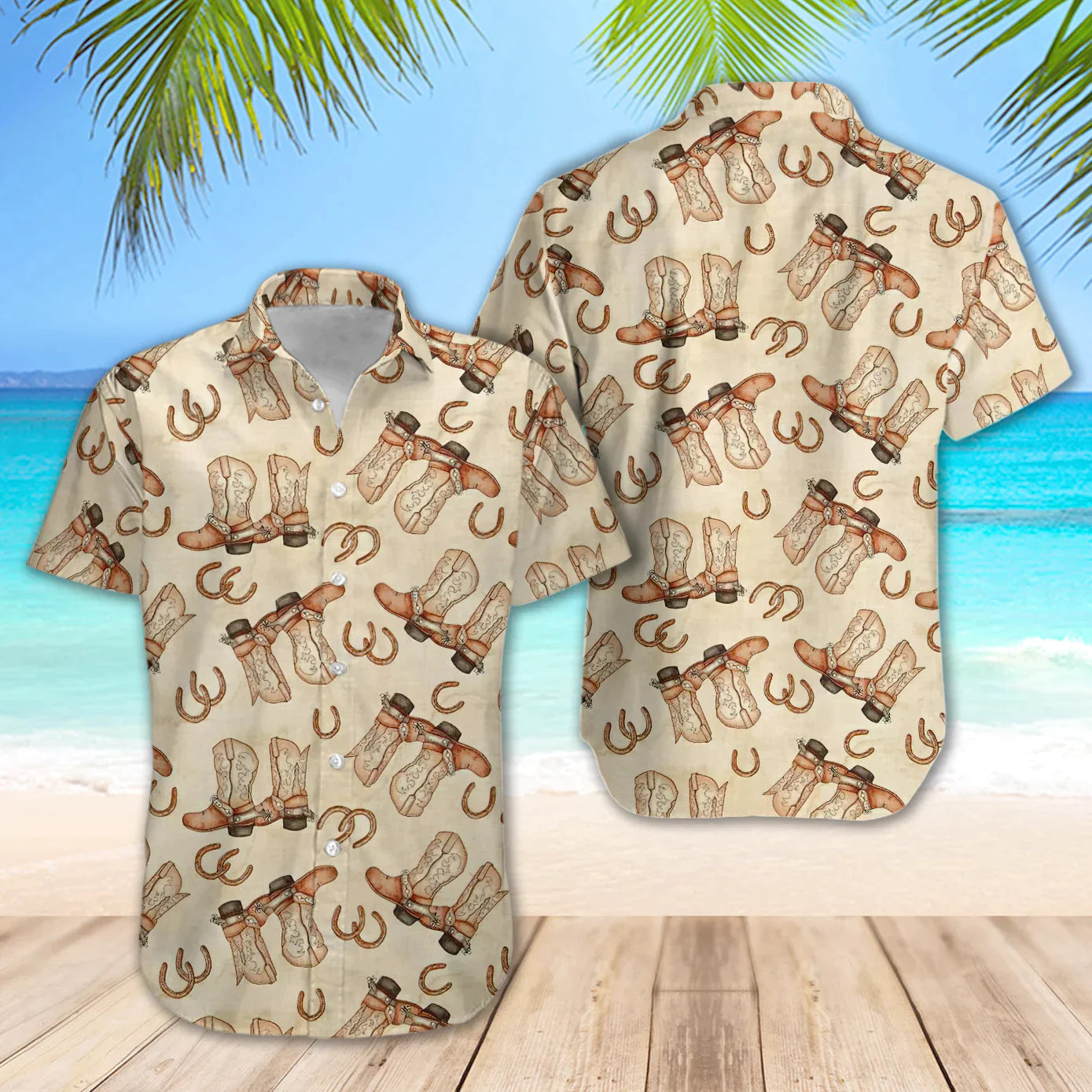 Cowboy Boots And Horse Shoes Vintage Background Hawaii Shirt Button Down Short Sleeves Hawaiian Full Print Shirt HO3808