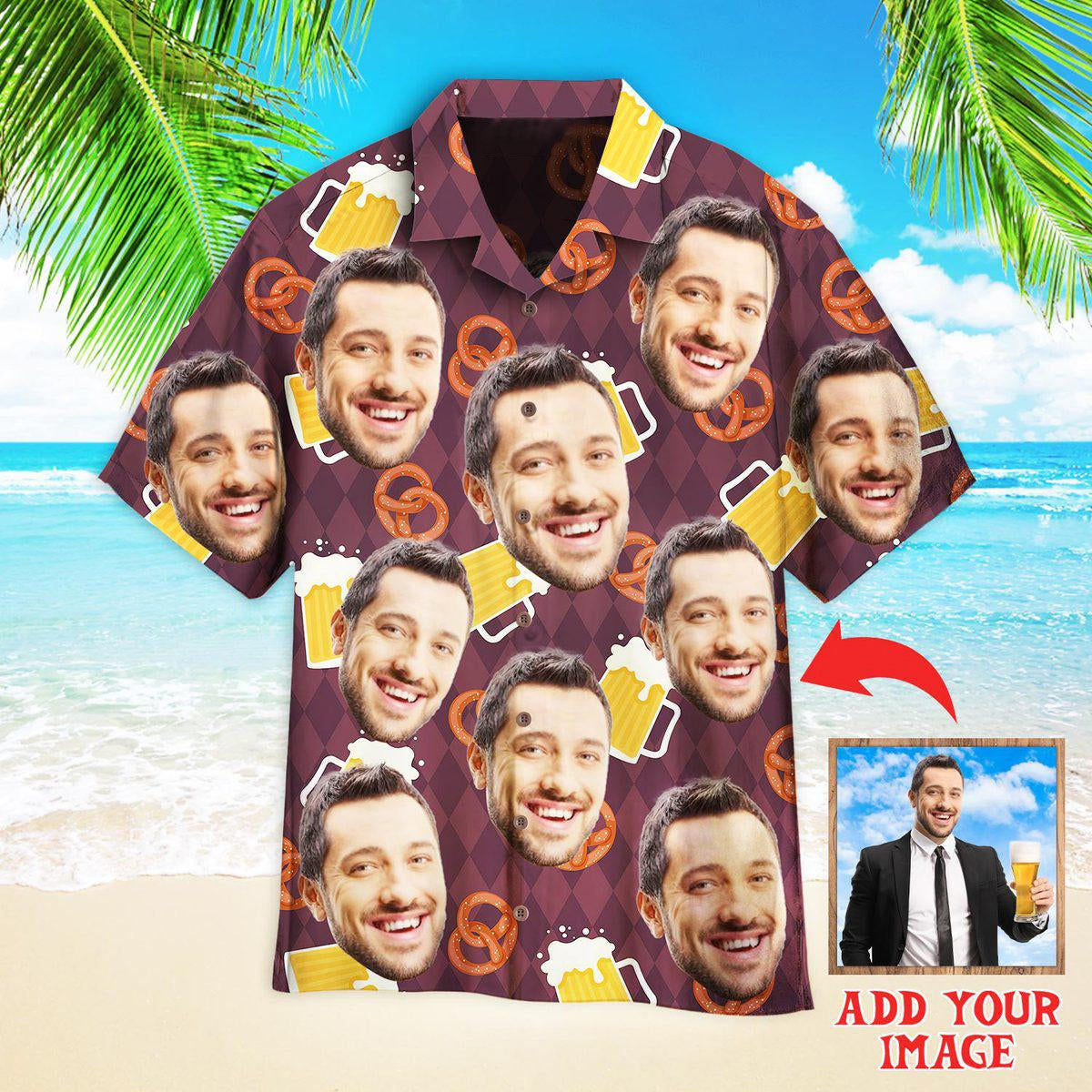 Custom Funny Face On German Beer And Pretzels Custom Hawaiian Shirt, Personalized Hawaiian Shirts, Custom Photo Hawaiian Shirt HO4228