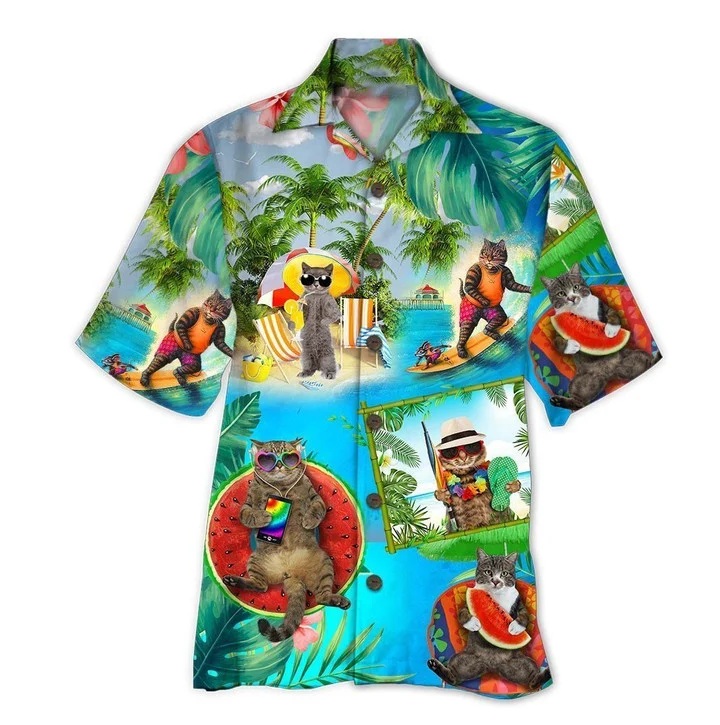 Cute Cats Wear Black Glasses On Beach Hawaiian Shirt HO1990