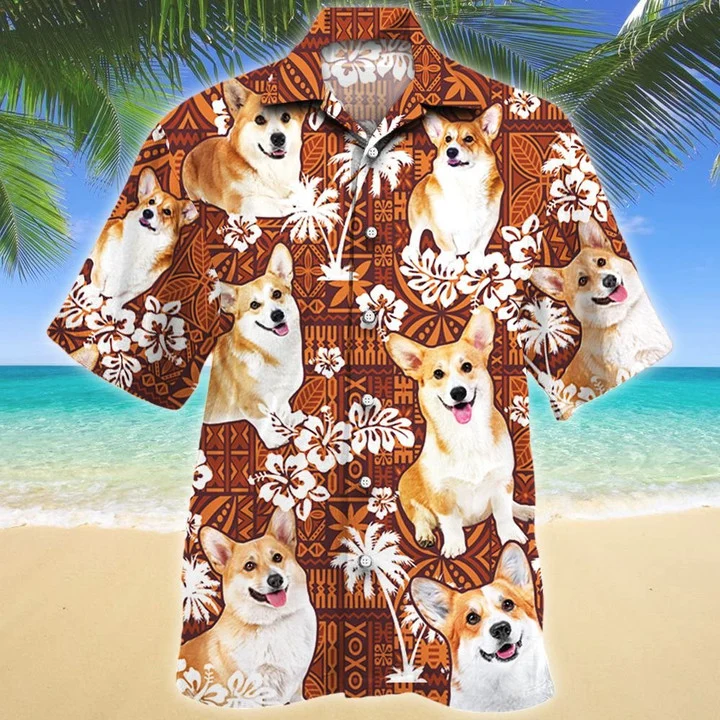 Cute Design Welsh Corgi Dog Lovers Red Tribal Pattern Hawaiian Shirt HO2089