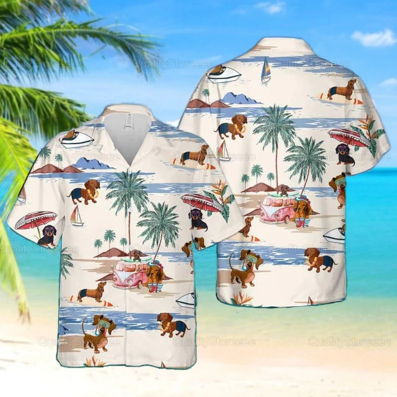 Dachshund Beach Summer Hawaiian Shirt, Dachshund Button Shirt, Dachshund Beach Shirt HO0201