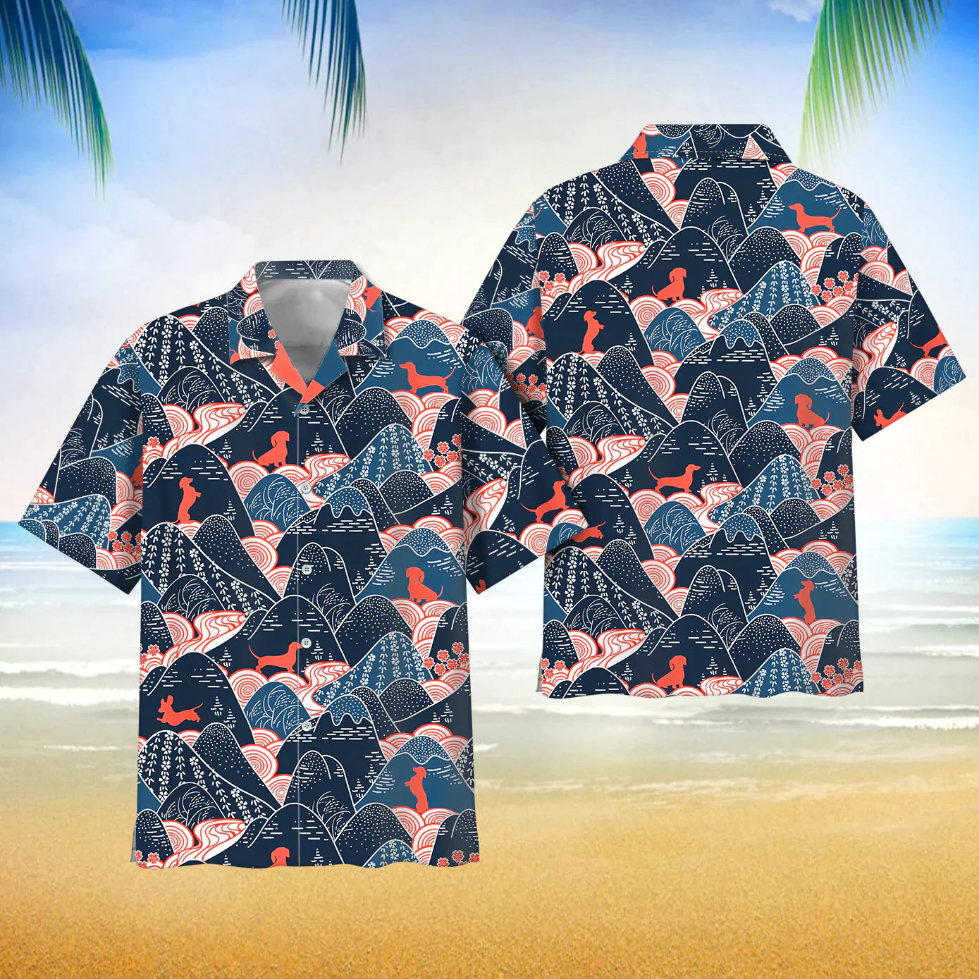 Dachshund Dog Oriental Mountains Fabric Pattern Hawaii Shirt Button Down Short Sleeves Hawaiian Full Print Shirt HO3814