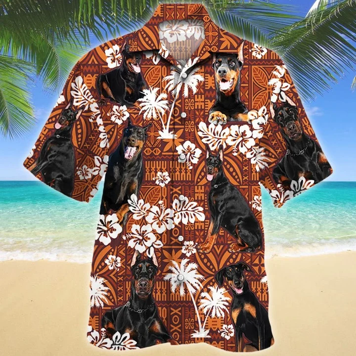 Doberman Pinscher Cute Face Dog Lovers Red Tribal Hawaiian Shirt, Short Sleeve Hawaiian Aloha Shirt for men and women HO1823