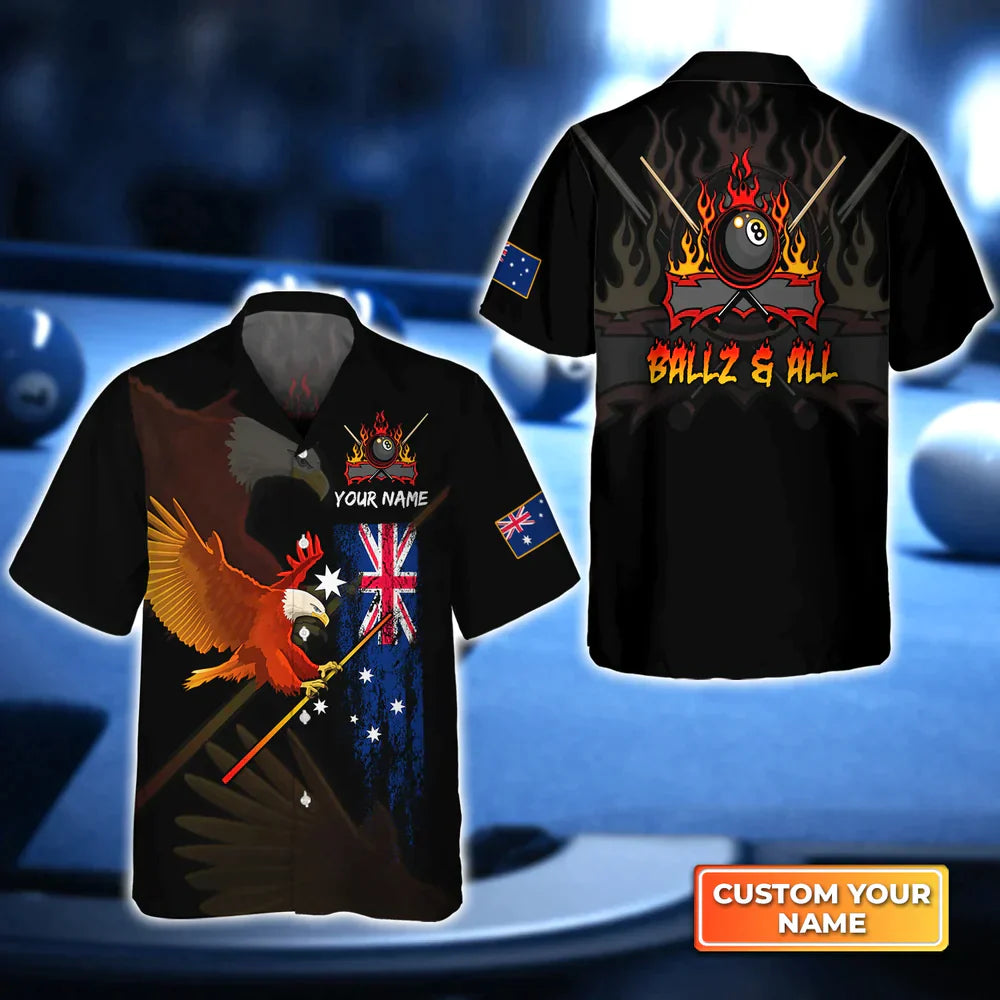 Eagle BALLZ & ALL Team Bones 8 Ball Australia Flag Billiards Personalized Name 3D Hawaiian Shirt, billiard team uniform, Gift For Billiard Players HO4124