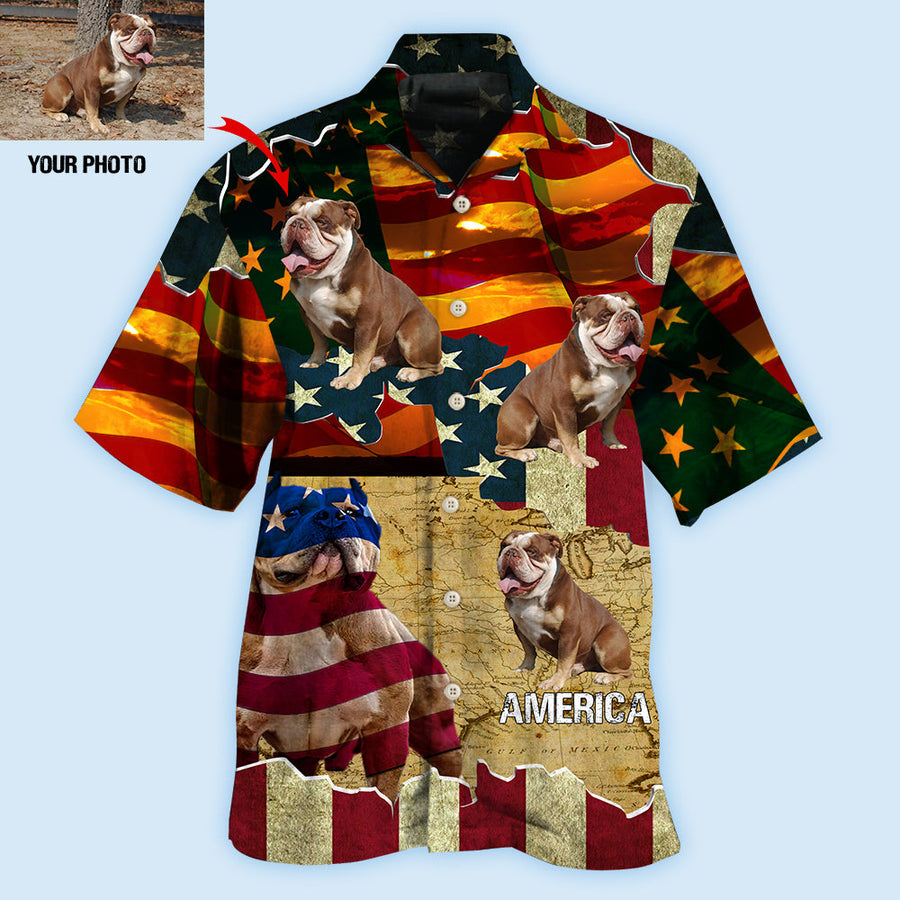 English Bulldog America Sunset Custom Photo Hawaiian Shirt, Gift for Dog Lover, Flag Shirt HO4252