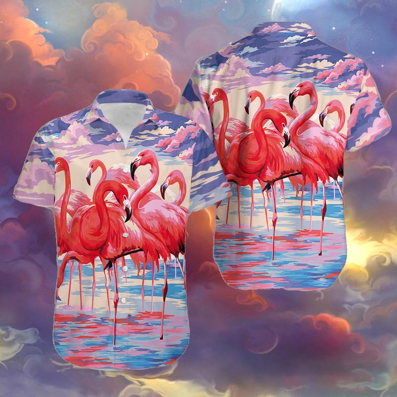 Flamingo Colorful Clouds Unisex Hawaiian Shirt, Flamingo Short Sleeve Hawaiian Aloha Shirt, Flamingo Hawaiian Shirt for men, women HO2711