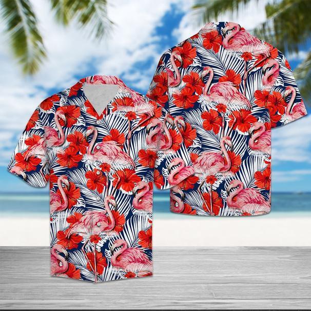 Flamingo Hibiscus Flower Colorful Floral Hawaiian Shirts, Aloha Shirt For Men women, Funny Flamingo Beach Shirt HO2207