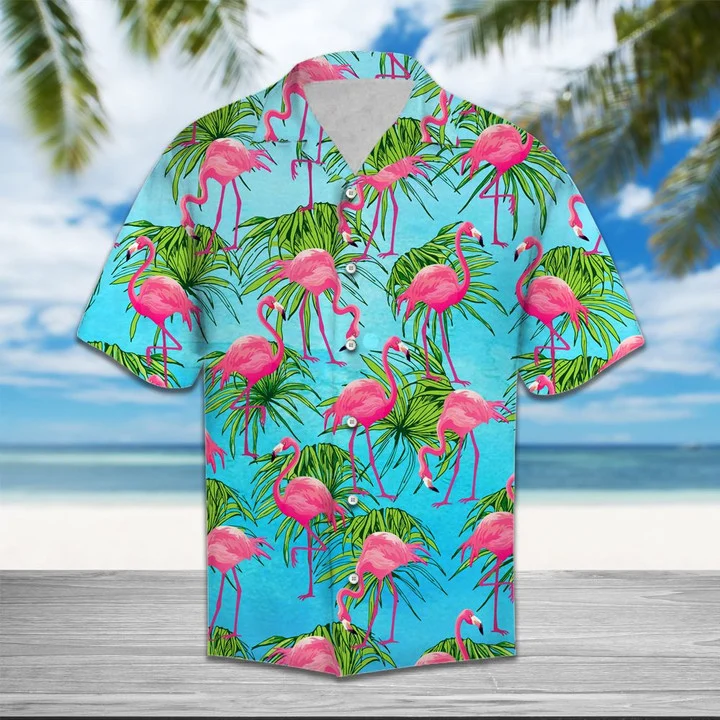 Flamingo Tropical Palm Leaves Summer Vacation Themed Hawaiian Shirt HO1393