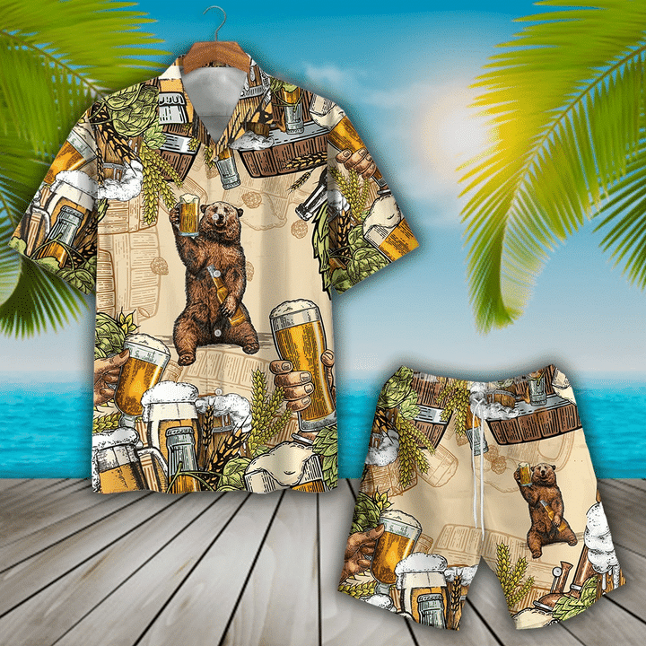 Funny Bear With Beer Party Hawaiian Shirt, Bear Drinking Beer Summer Hawaiian Shirt HO2088