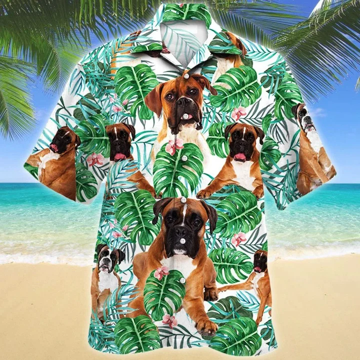 Funny Boxer Dog Tropical Plant Summer Beach Palm Tree Pattern Hawaiian Shirt HO2087