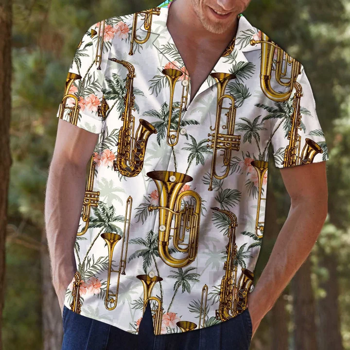 Golden Saxophone With Palm Trees In White Hawaiian Shirt HO2104