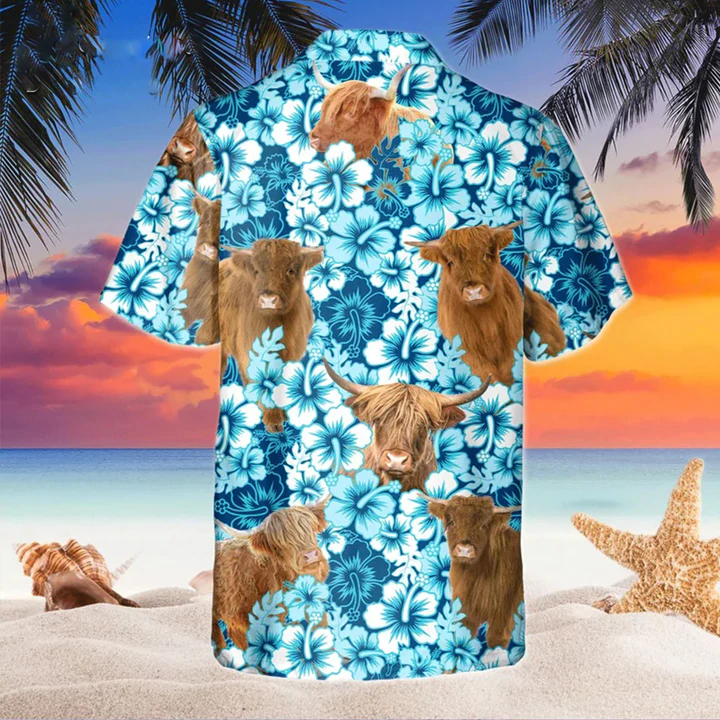 Highland Blue Hibiscus Flowers Hawaiian Shirt, Cow Hawaii Shirt, Cow Lovers Shirt For Men HO2217