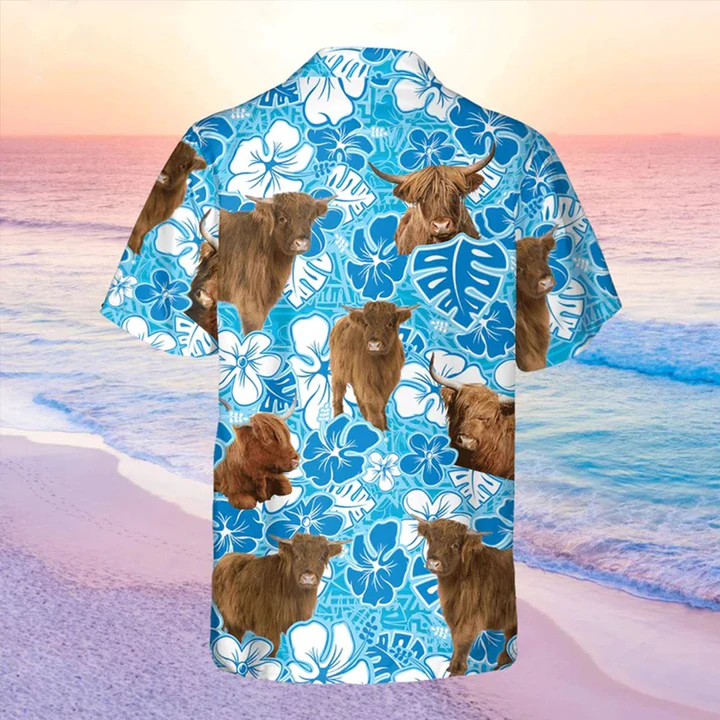 Highland cow Blue Floral Hawaiian Shirt, Cow Hawaii Shirt, Cow Lovers Shirt For Men HO2218