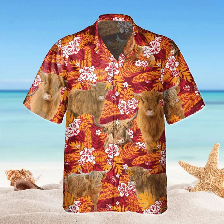 Highland Red Orange Floral Hawaiian Shirt, Flowers Aloha Shirt For cow Lovers HO2221