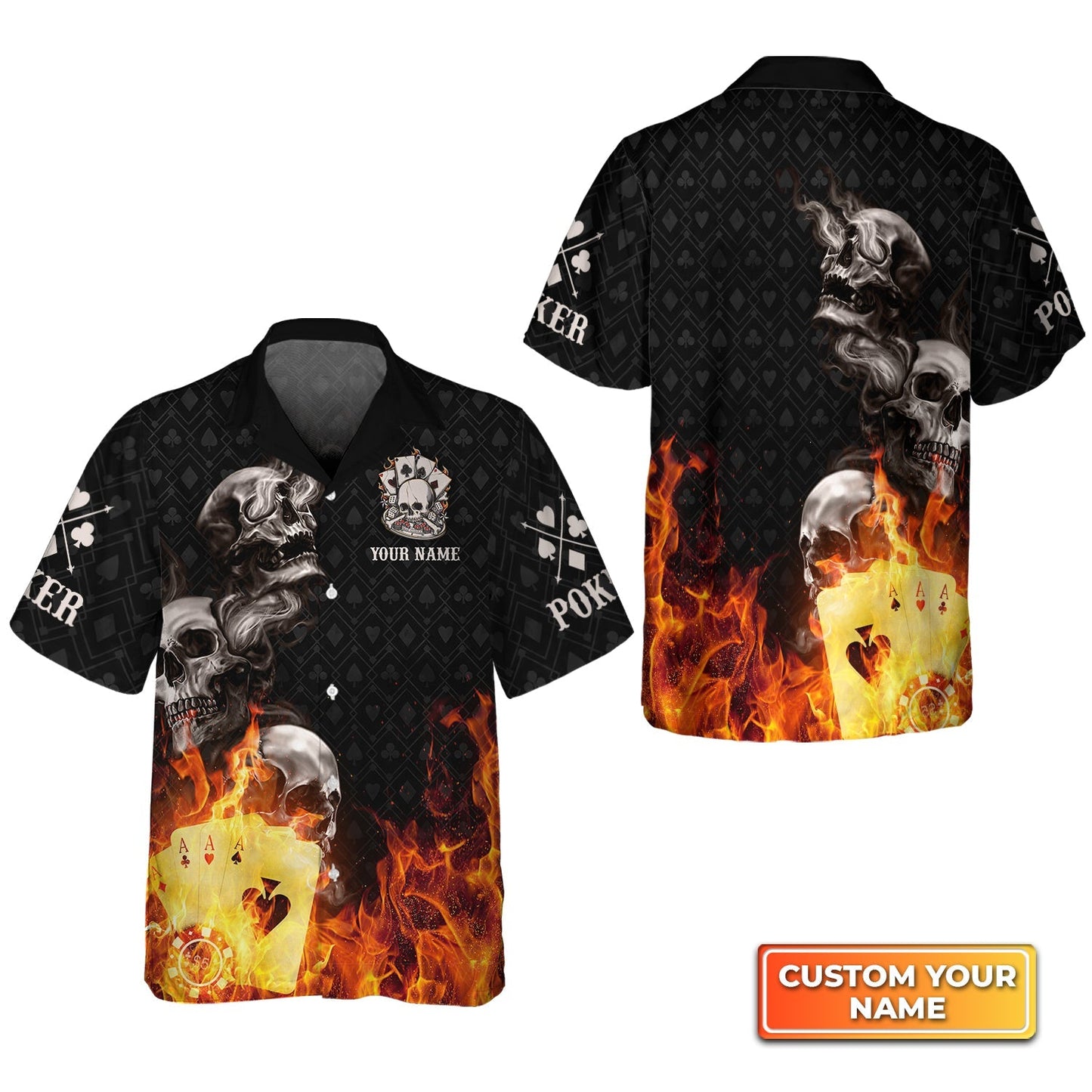 Poker Four Of A Kind Aces Skull On Fire Personalized Name 3D Hawaiian Shirt For Poker Players HO3747