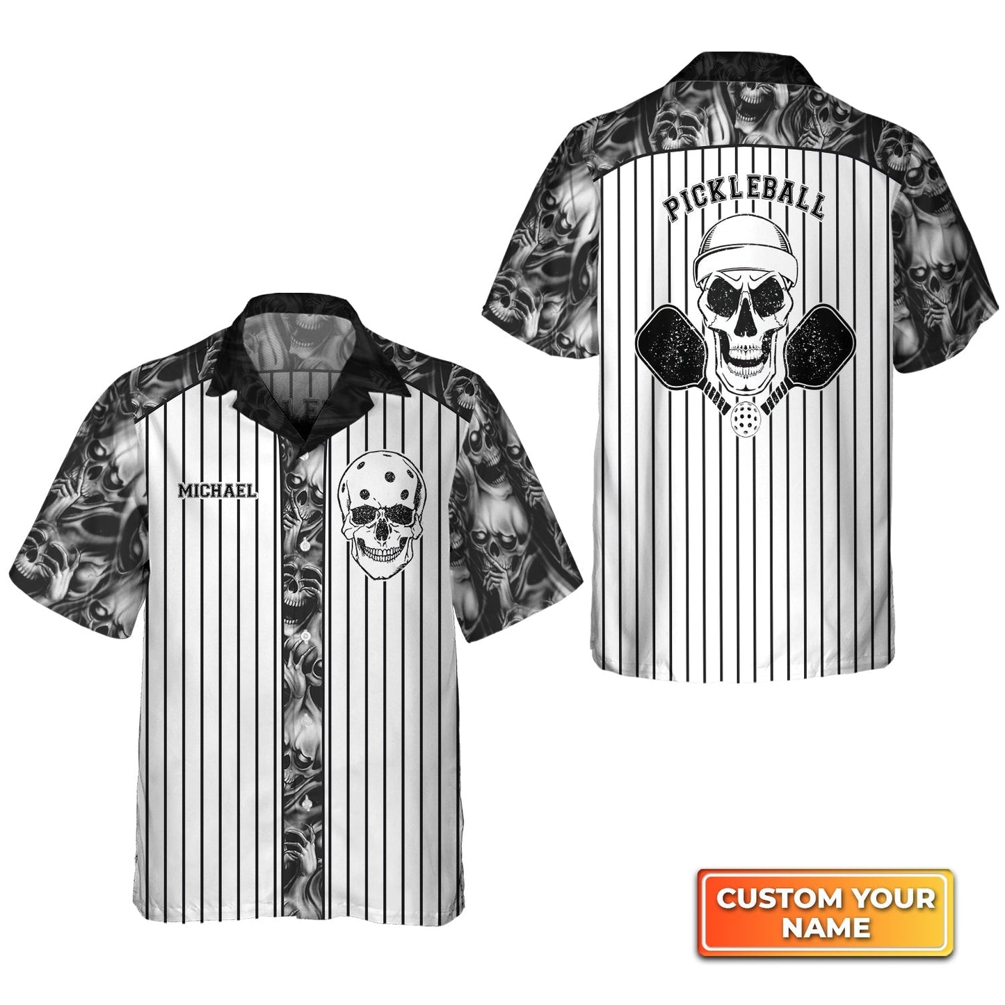Skull Vertical Stripes Personalized Name 3D Hawaiian Shirt Gift For Pickleball Player HO3744