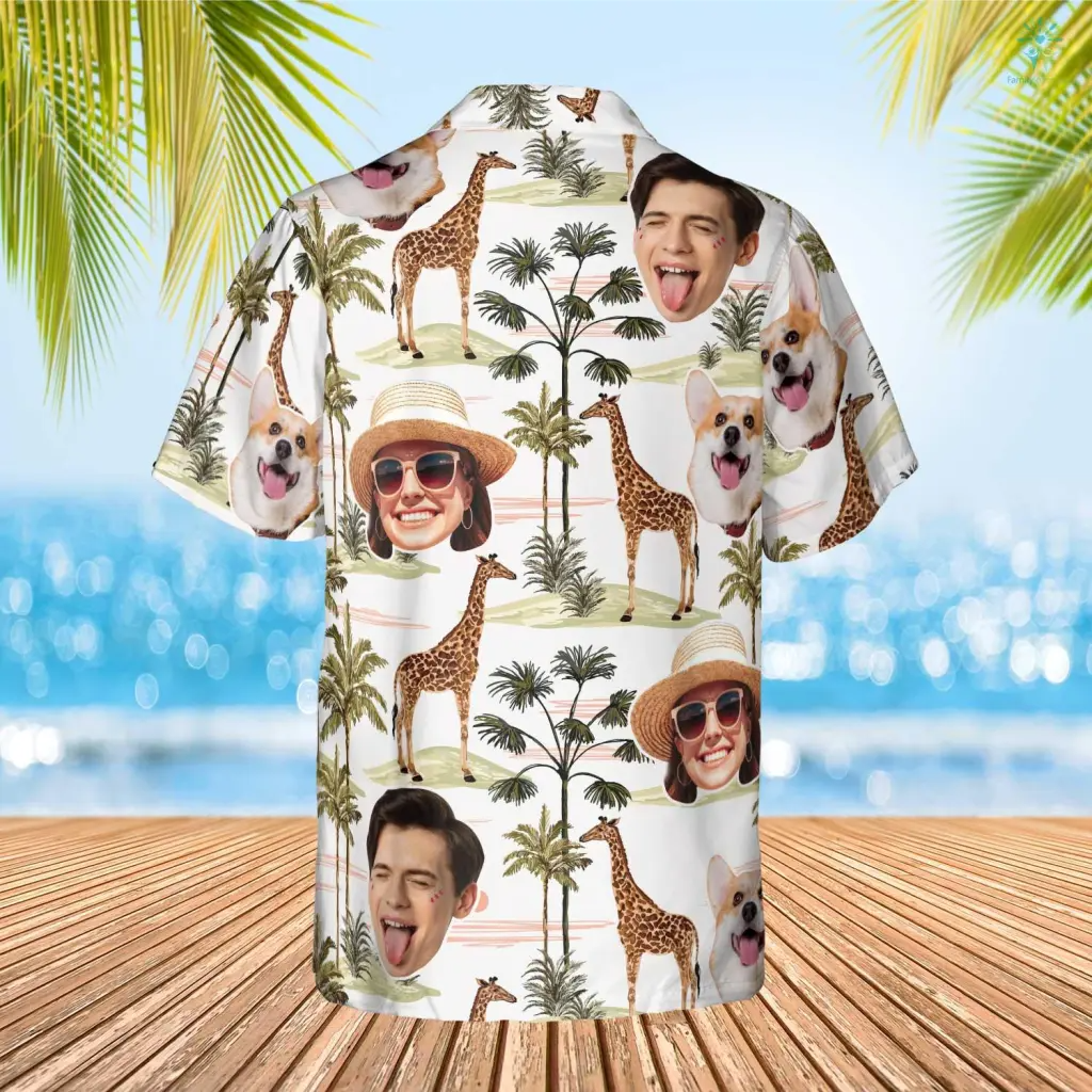 Custom Photo Family Funny Giraffe Palm Tree Hawaiian Shirt, Custom Hawaiian Shirt, Gift for Men Women HO0134