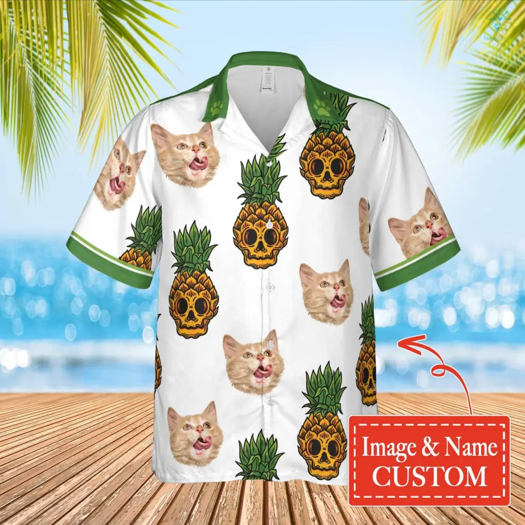 Pineapple Cat, Peace, Love Hawaiian Personalized Name And Image Cat Summer Shirt Beach Hawaiian Shirt HO4300