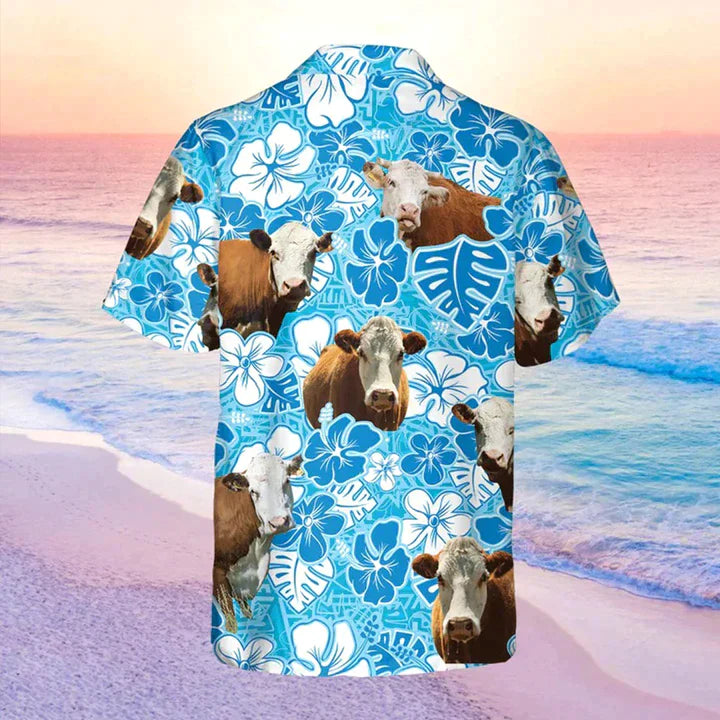 Hereford Blue Floral Hawaiian Shirt, Cow Hawaii Shirt, Cow Lovers Shirt For Men HO3826