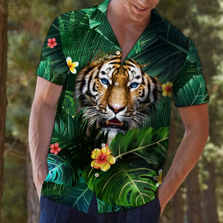Hiding Tiger In Flower And Leaves Hawaiian Shirt, Short Sleeve Hawaiian Aloha Shirt for men and women HO1826