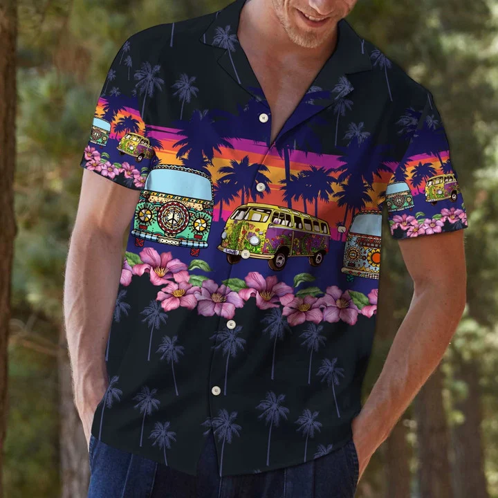 Hippie Bus Border Chest Design Hawaiian Shirt HO2051