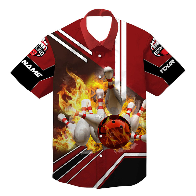 Personalized Hawaiian Bowling Shirts Flame Bowling Ball And Pins, Bowling Shirt For Men Bowlers Red HO4022