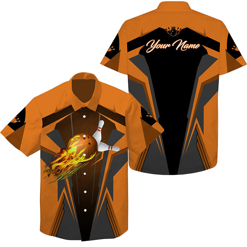 Personalized Hawaiian Bowling Shirts Flame Bowling Ball And Pins, Bowling Shirt For Men Bowlers Multicolor HO4023
