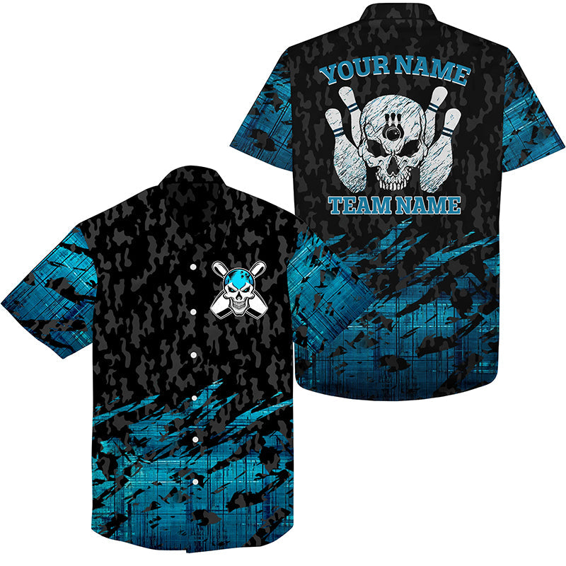 Skull Bowling Hawaiian Shirt Custom Name And Team Name Blue Bowling Skeleton, Team Bowling Shirts HO0129