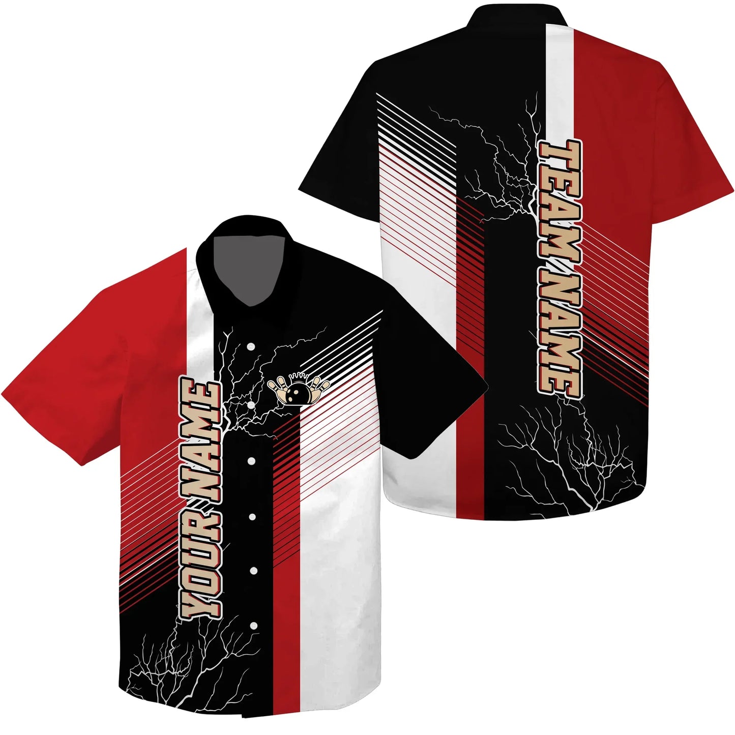 Red And Black Plaid Pattern Lightning Custom Team Name Hawaiian Shirt For Men, Team Bowling Shirts HO4019