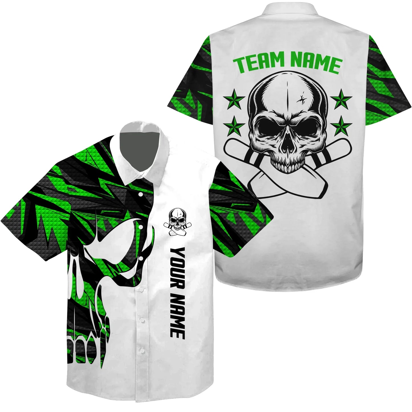Green And White Bowling Hawaiian Shirt Custom Name And Team Name Skull Bowling, Team Bowling Shirts HO0319