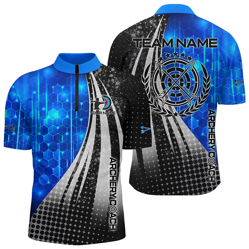 Lasfour Personalized Blue Black Honeycomb Pattern Archery Coach 3D Zipper Polo Shirt AA0005
