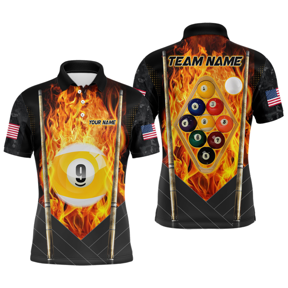 Lasfour Personalized Fire Storm 9 Ball US Flag Billiard 3D Polo Shirts BIA0540