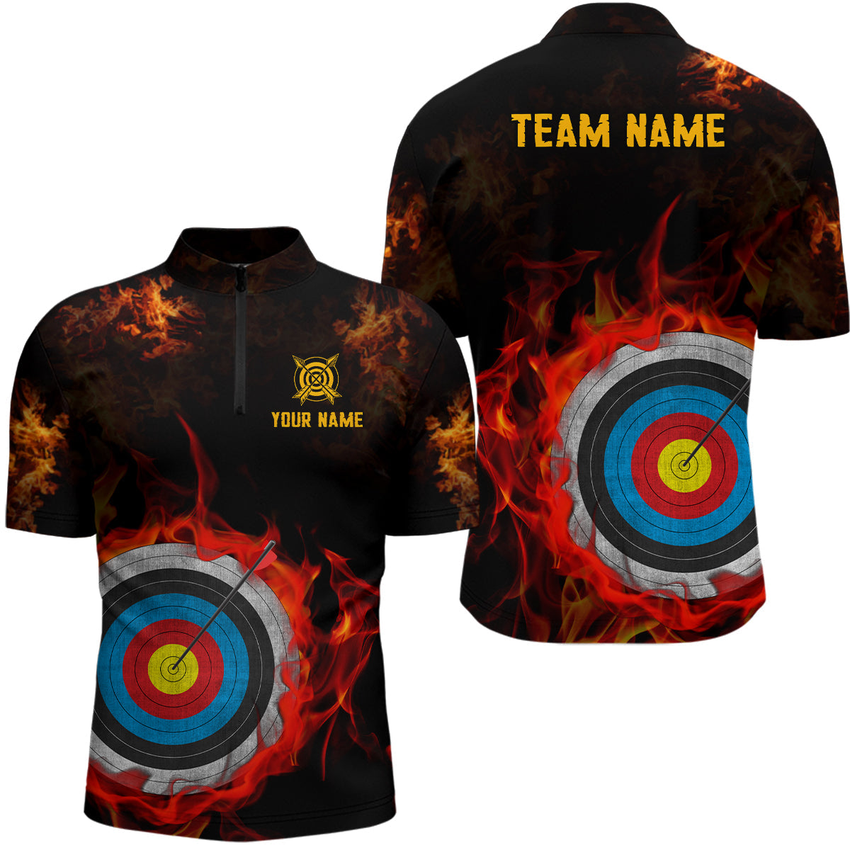 Lasfour Personalized Archery Target On Fire 3D Zipper Polo Shirt AA0039