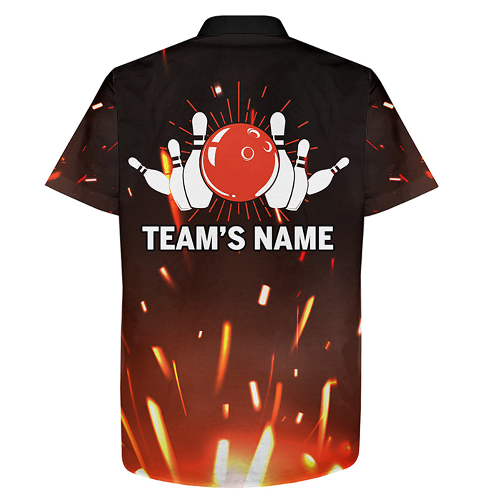 Personalized Hawaiian Bowling Shirt Flame, Bowling Ball and Pins Short Sleeve Team Bowlers Jersey HO2796