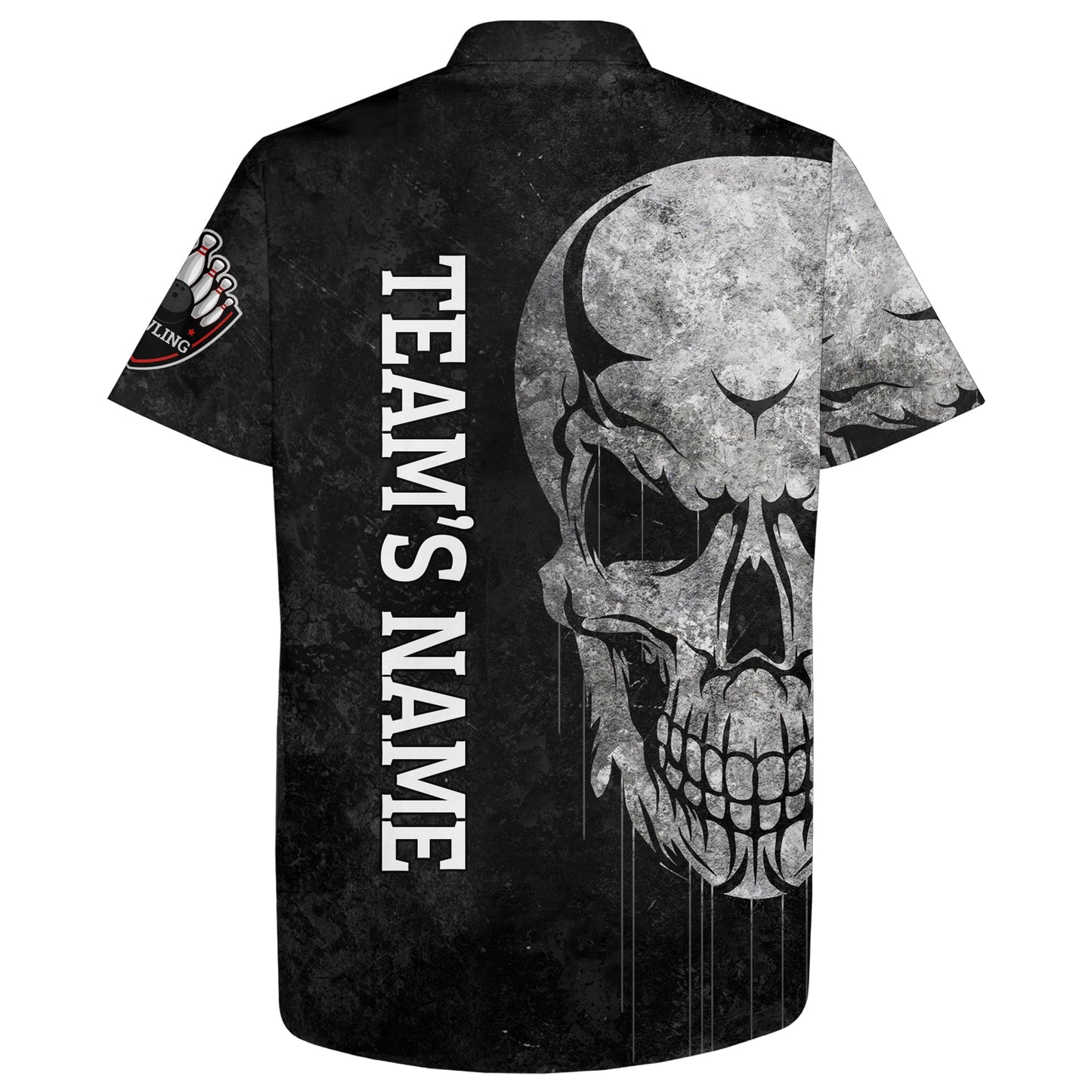 Men Women Skull Hawaiian Bowling Shirt, Patriotic Custom Name Black Bowlers Jersey American Flag HO0029