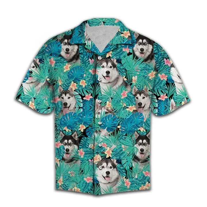 Lovely Siberian Husky In Tropical Palm Leaves Summer Hawaiian Shirt HO1746