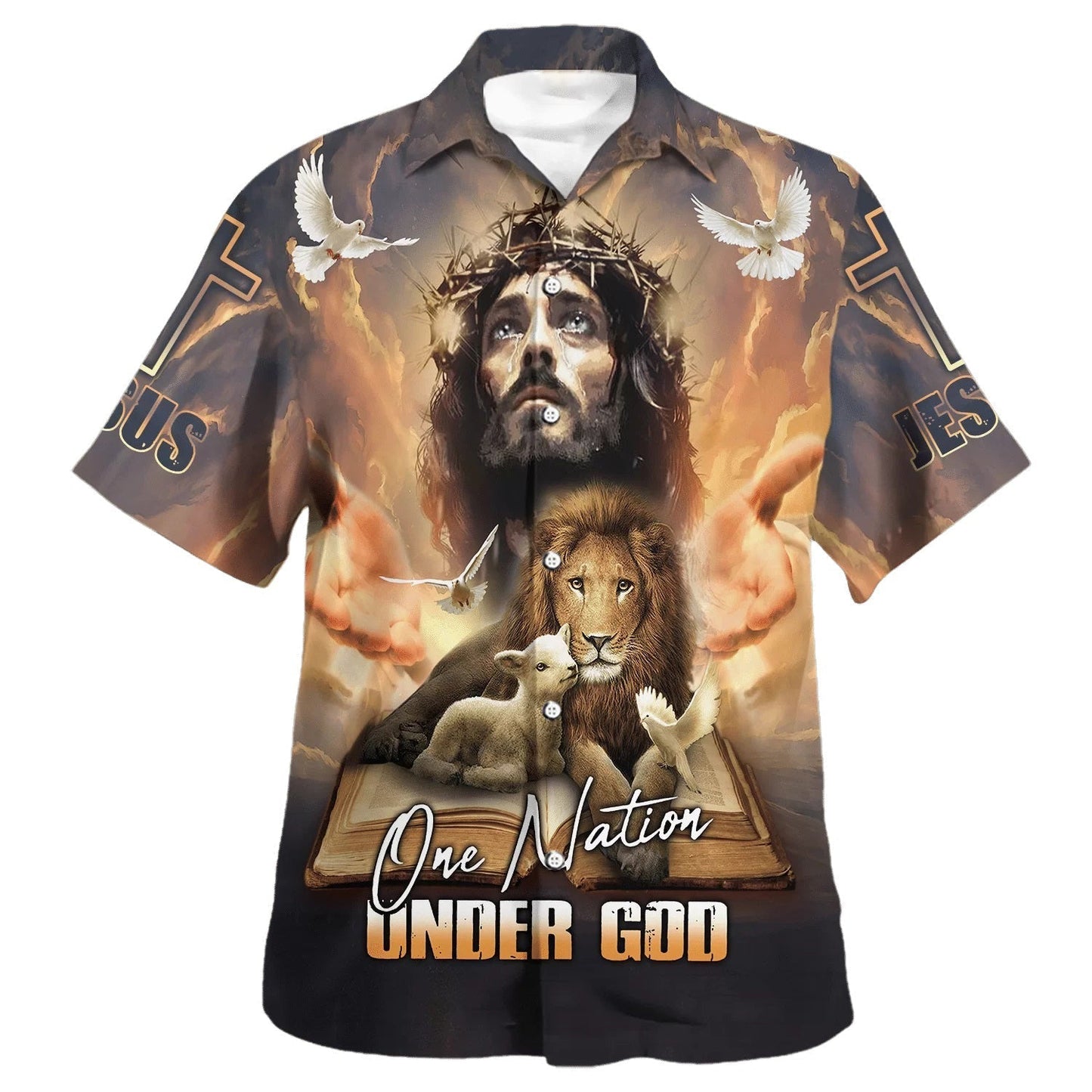 One Nation Under God Jesus Lion Cross Hawaiian Shirt - Christian Hawaiian Shirt - Religious Hawaiian Shirts HO3363