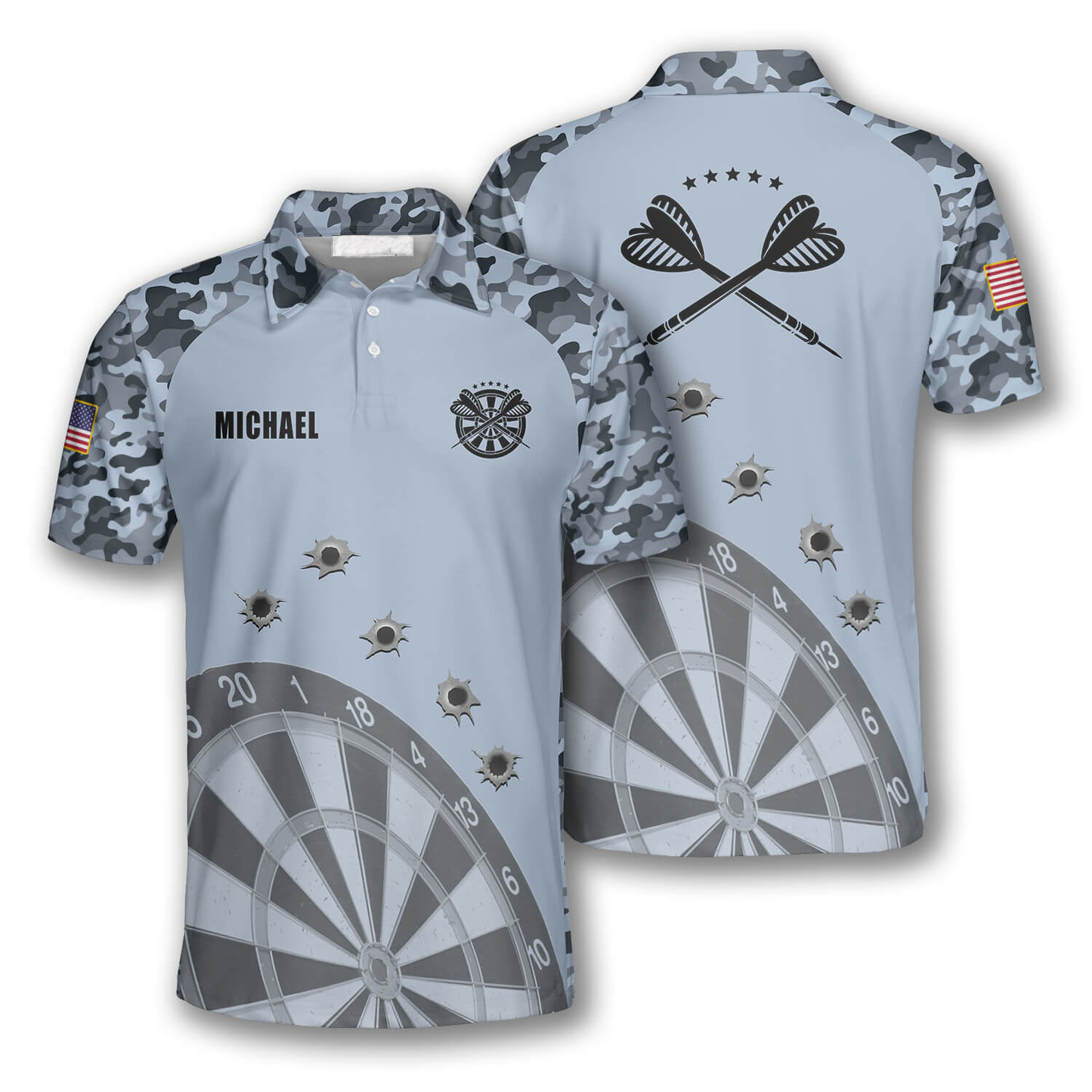 Blue Camouflage Gun Holes Custom Darts Polo Shirts for Men, Custom Dart Shirts DMO0174
