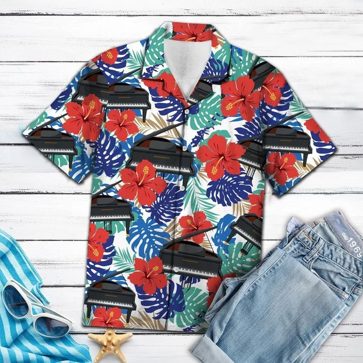 Piano With Red Hibiscus And Tropical Leaves Design Hawaiian Shirt HO2070