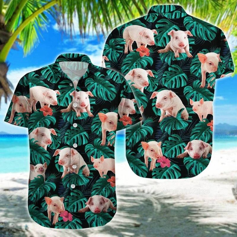 Pig Aloha Hawaiian Shirt - Baby Pig Hawaiian Shirt, Tropical Leaves Pattern Hawaiian Shirt HO0289