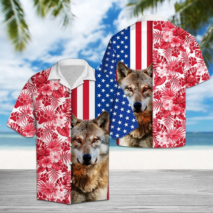 Portrait Of Wolf Usa And Tropical Red Plant Pattern Hawaiian Shirt HO1788