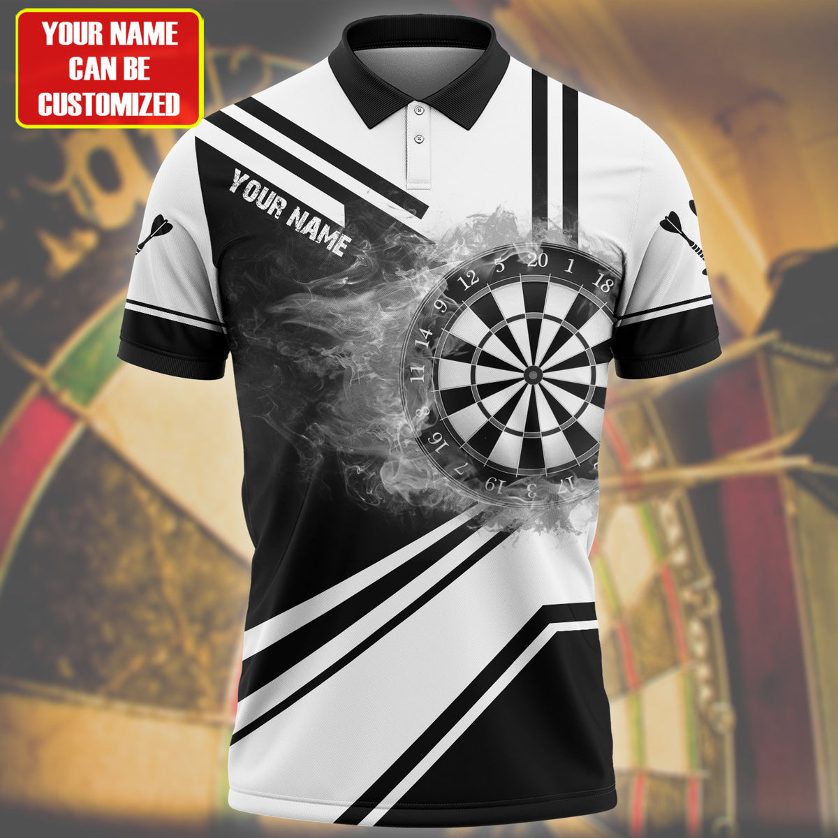 Black and White Dart Polo Shirt, Personalized Name Dartboard Fire Shirt, Uniform Dart Team DMO0140