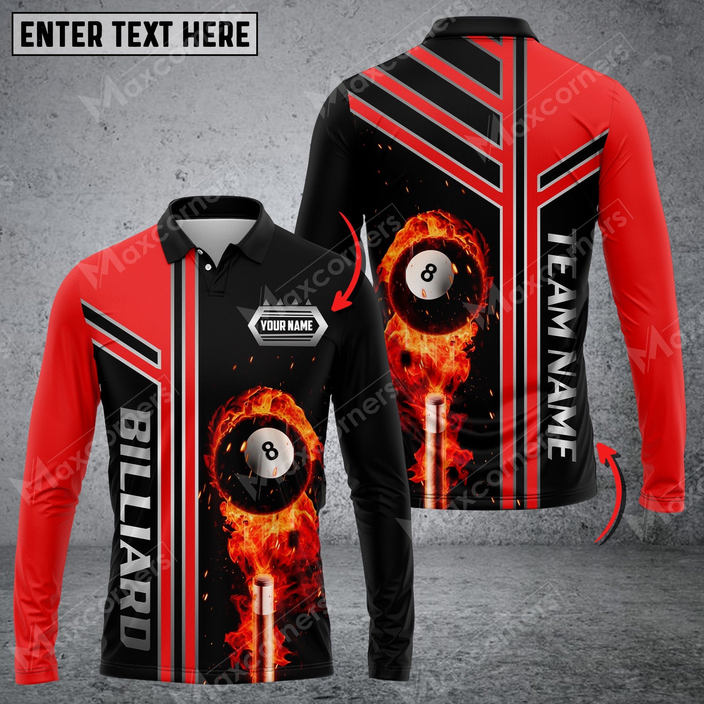 Lasfour Billiards Ball Fire Multicolor Option Customized Name Long Sleeve Polo Shirt BIA0399