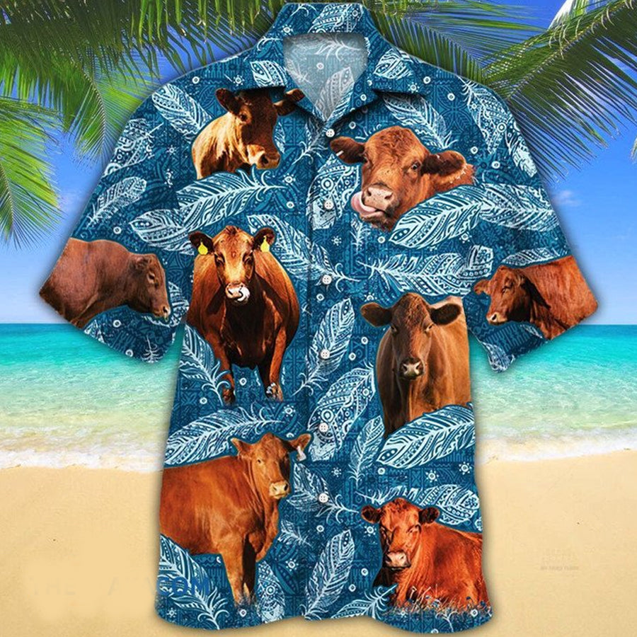 Red Angus Cattle Lovers Blue Feather Hawaii Hawaiian Shirt HO2235