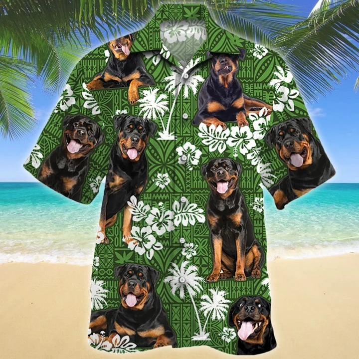 Rottweiler Dog Tongue Out On Green Tribal Pattern Hawaiian Shirt HO2076